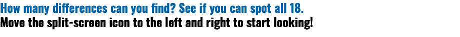 How many differences can you find? See if you can spot all 18. Move the split-screen icon to the left and right to start looking! 